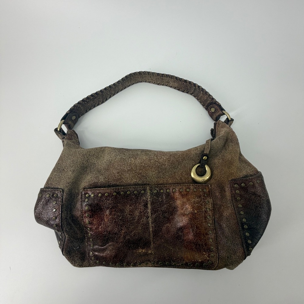 Donald J Pliner Vintage Y2K Boho Distressed Brown Leather Studded Shoulder Bag